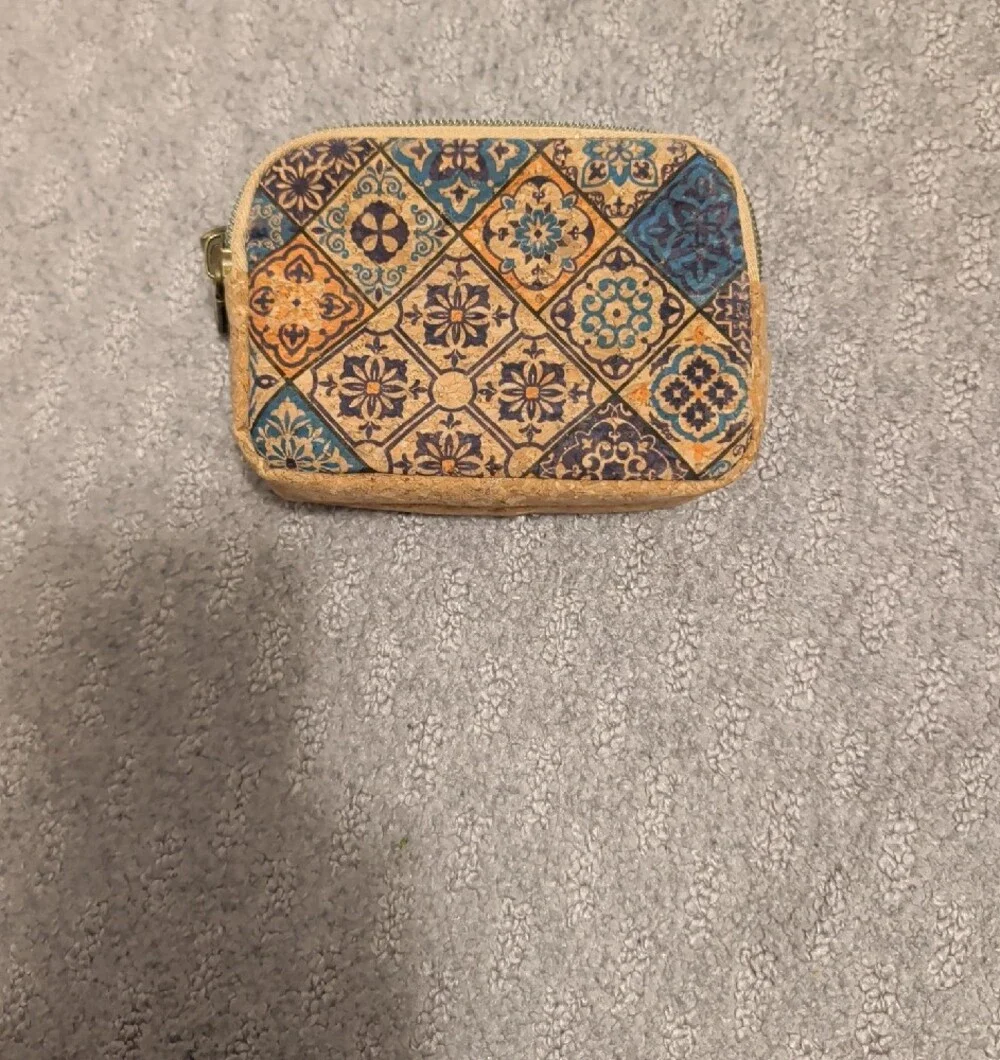 Cork Tile-Print Coin Pouch - Blue & Tan